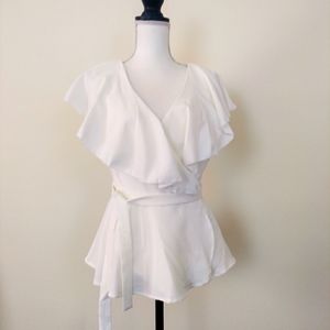 Chiffon wrap blouse with flutter yoke size M